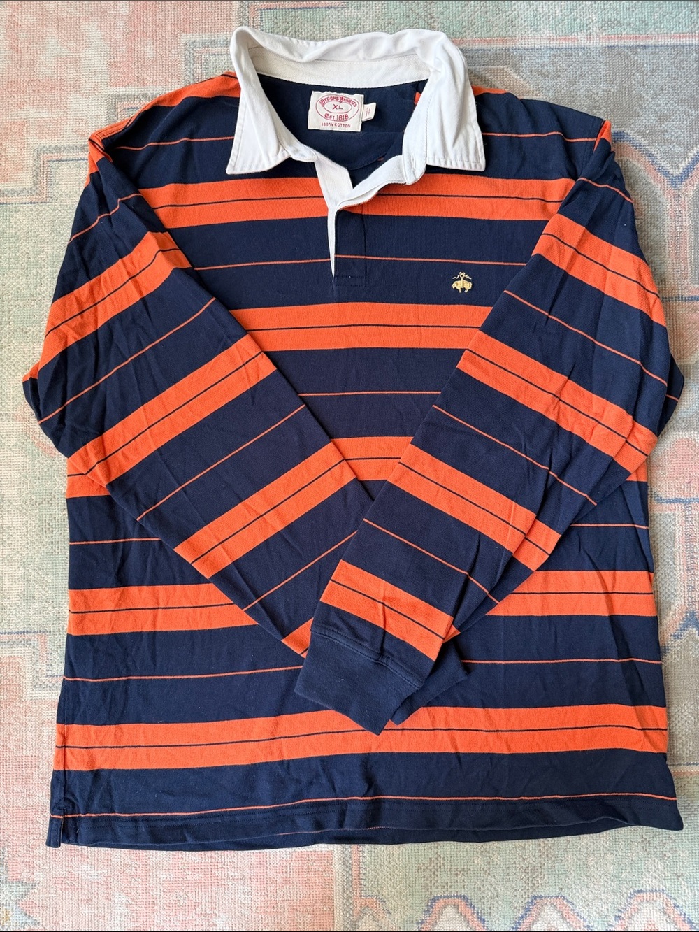Vintage Brooks Brothers Navy and Orange Striped Rugby Polo with White Collar